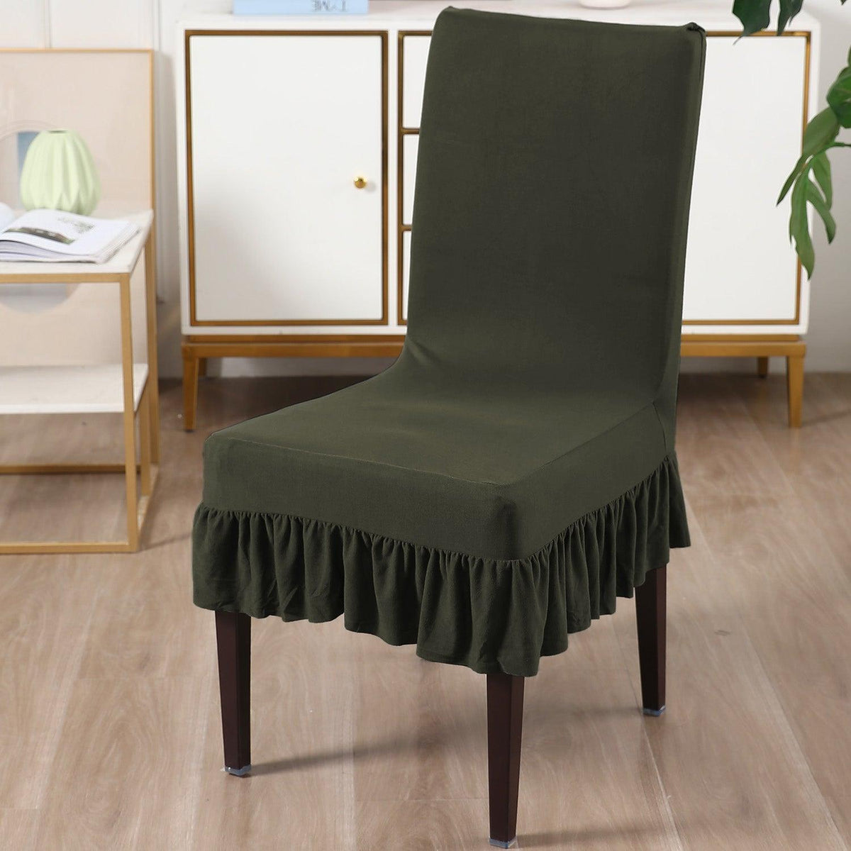 Elastic Stretchable Dining Chair Cover with Frill, Juniper Green - HOKIPO | Har Ghar ka Humsafar