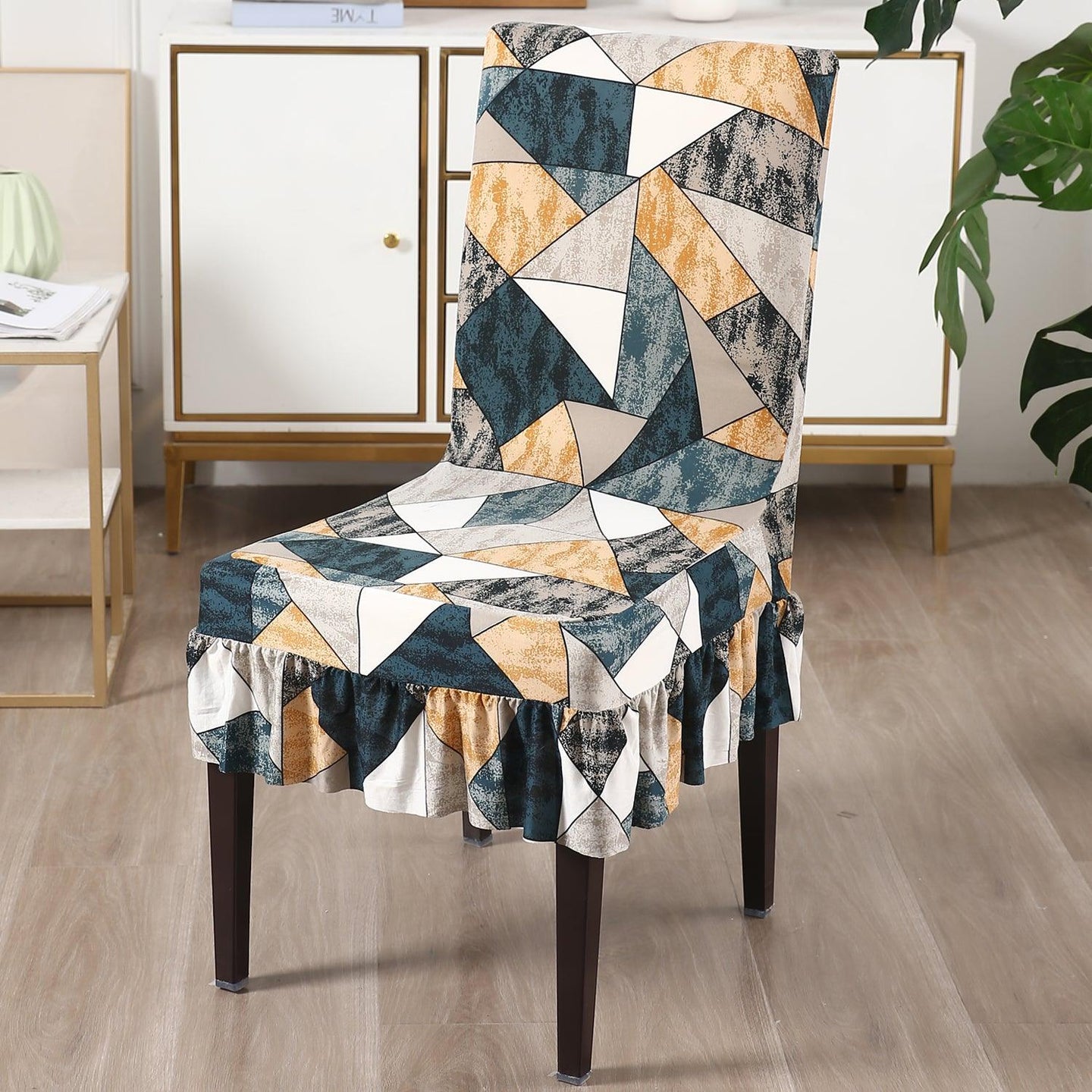 Elastic Stretchable Dining Chair Cover with Frill, Multicolor Geometric Print - HOKIPO | Har Ghar ka Humsafar