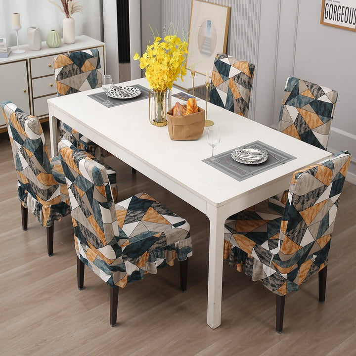 Elastic Stretchable Dining Chair Cover with Frill, Multicolor Geometric Print - HOKIPO | Har Ghar ka Humsafar