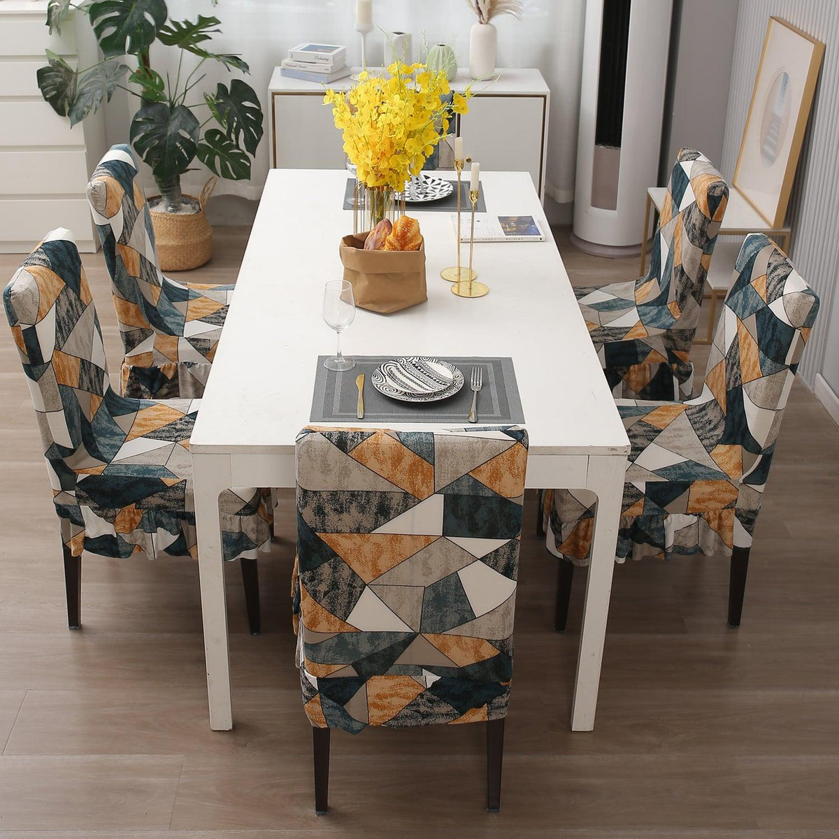 Buy Multicolor Geometric Print Frill Dining Table Chair Cover Set | HOKIPO