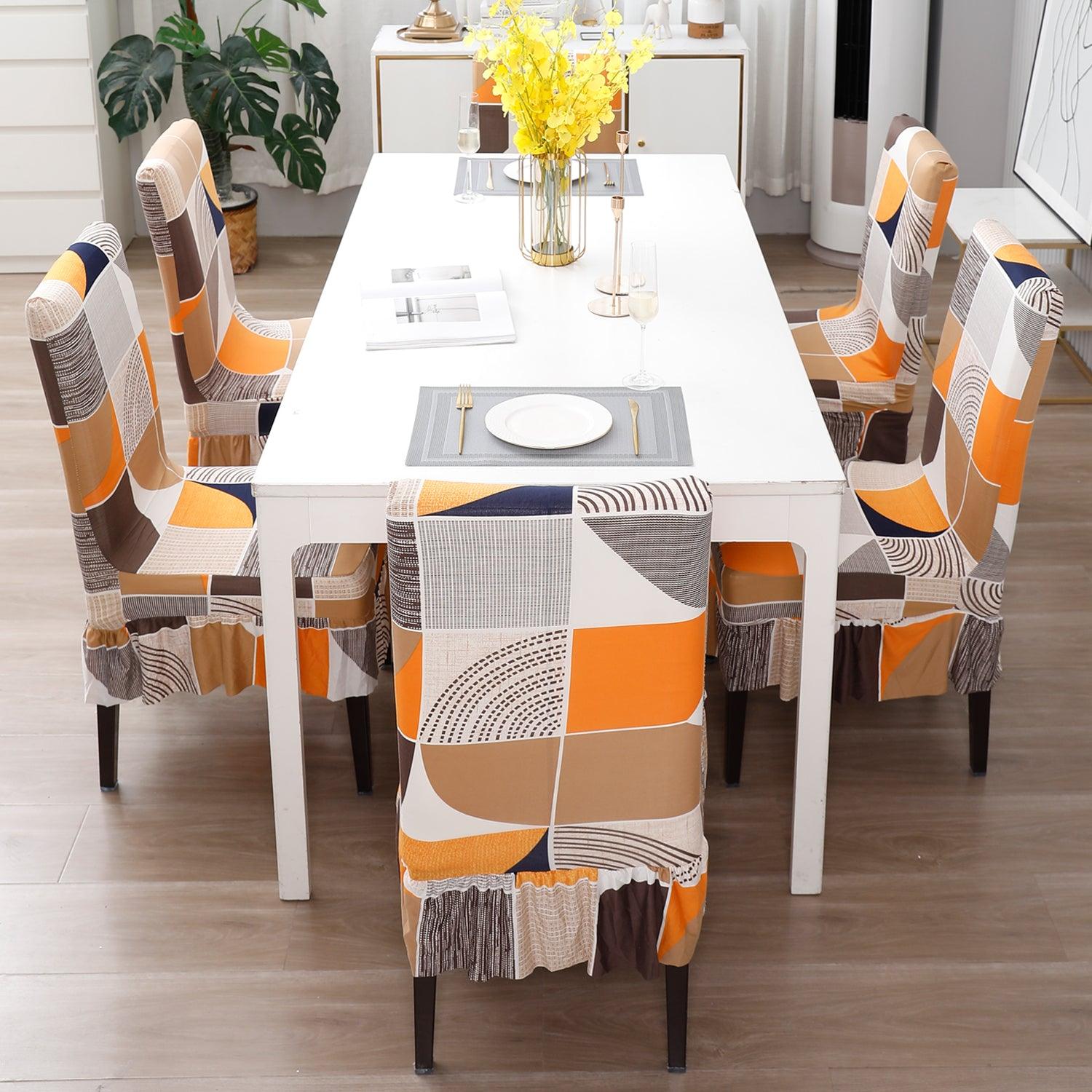 Elastic Stretchable Dining Chair Cover with Frill, Square Abstract - HOKIPO | Har Ghar ka Humsafar