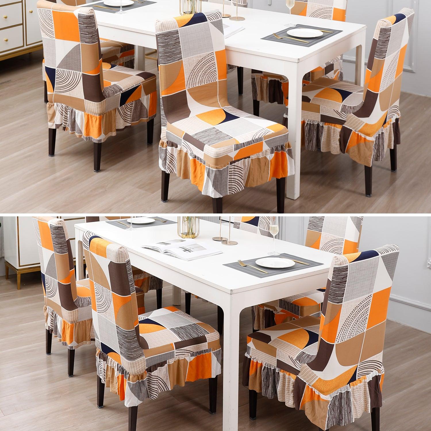 Elastic Stretchable Dining Chair Cover with Frill, Square Abstract - HOKIPO | Har Ghar ka Humsafar