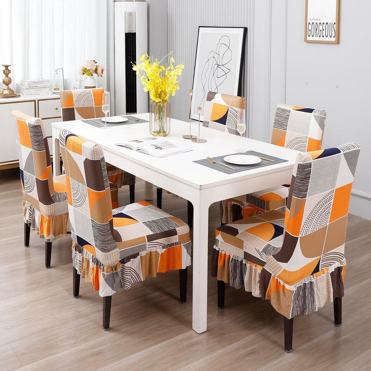 Buy Square Abstract Dining Chair Cover Set with Frill | HOKIPO