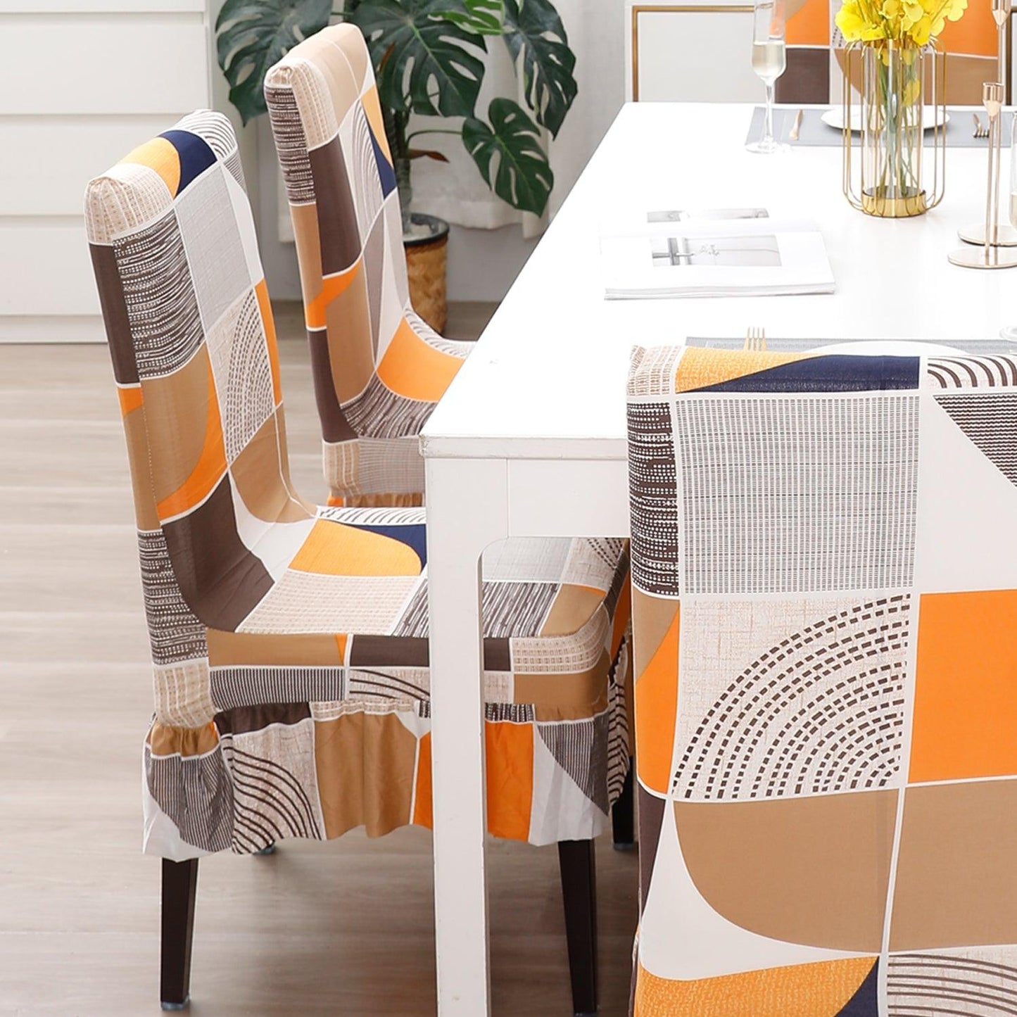 Elastic Stretchable Dining Chair Cover with Frill, Square Abstract - HOKIPO | Har Ghar ka Humsafar