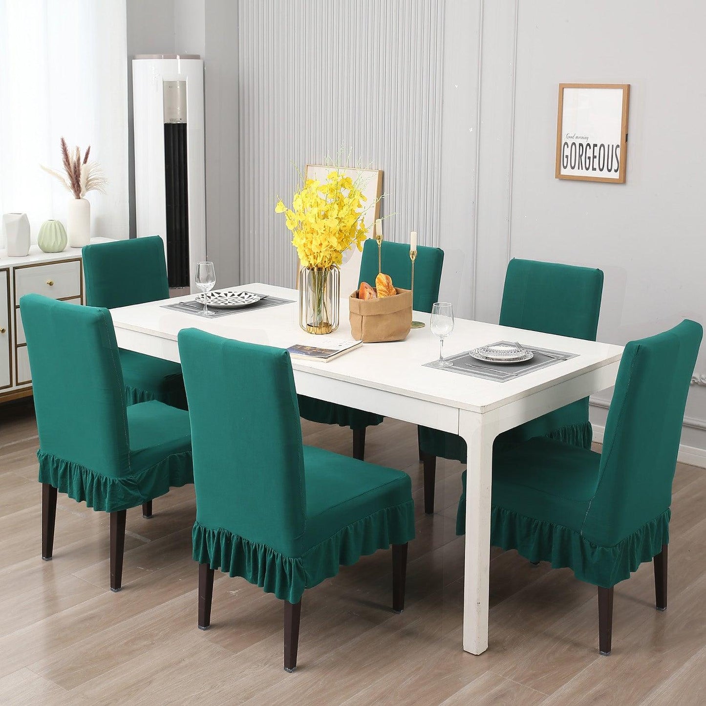 Elastic Stretchable Dining Chair Cover with Frill, Teal - HOKIPO | Har Ghar ka Humsafar