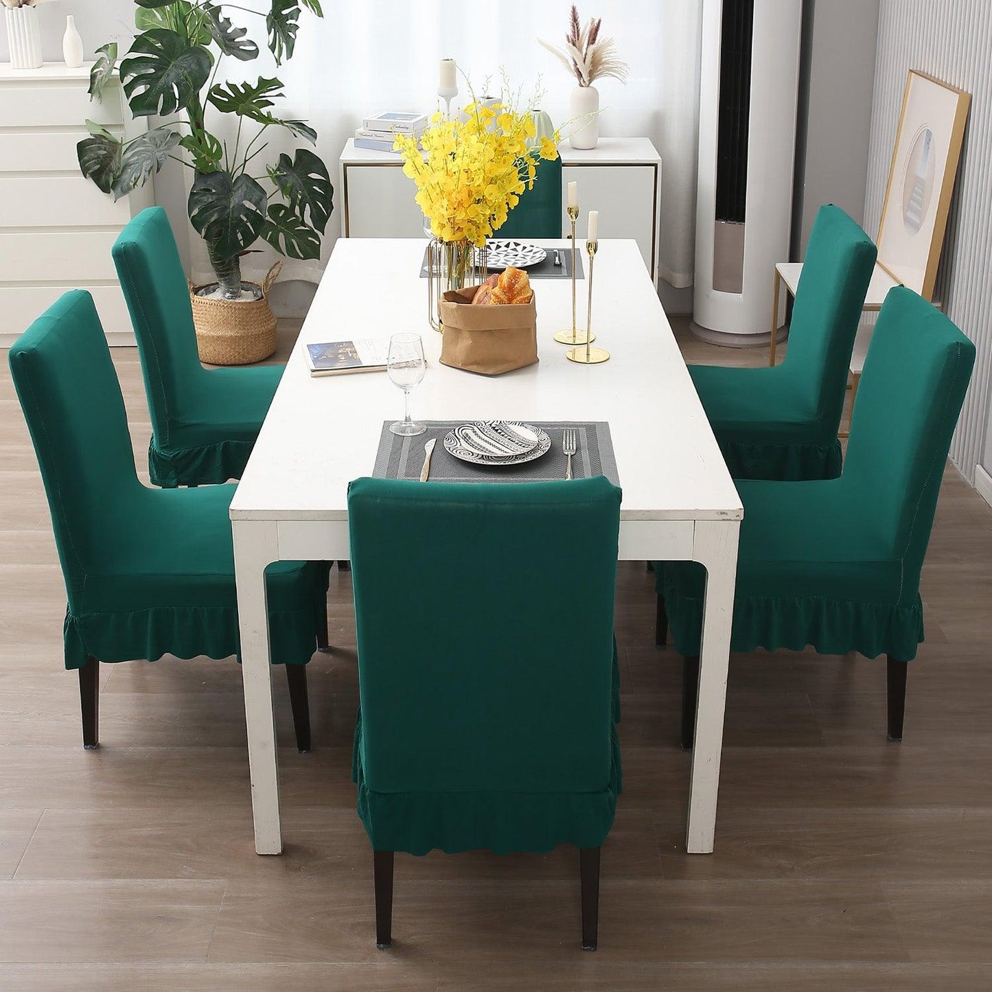 Elastic Stretchable Dining Chair Cover with Frill, Teal - HOKIPO | Har Ghar ka Humsafar