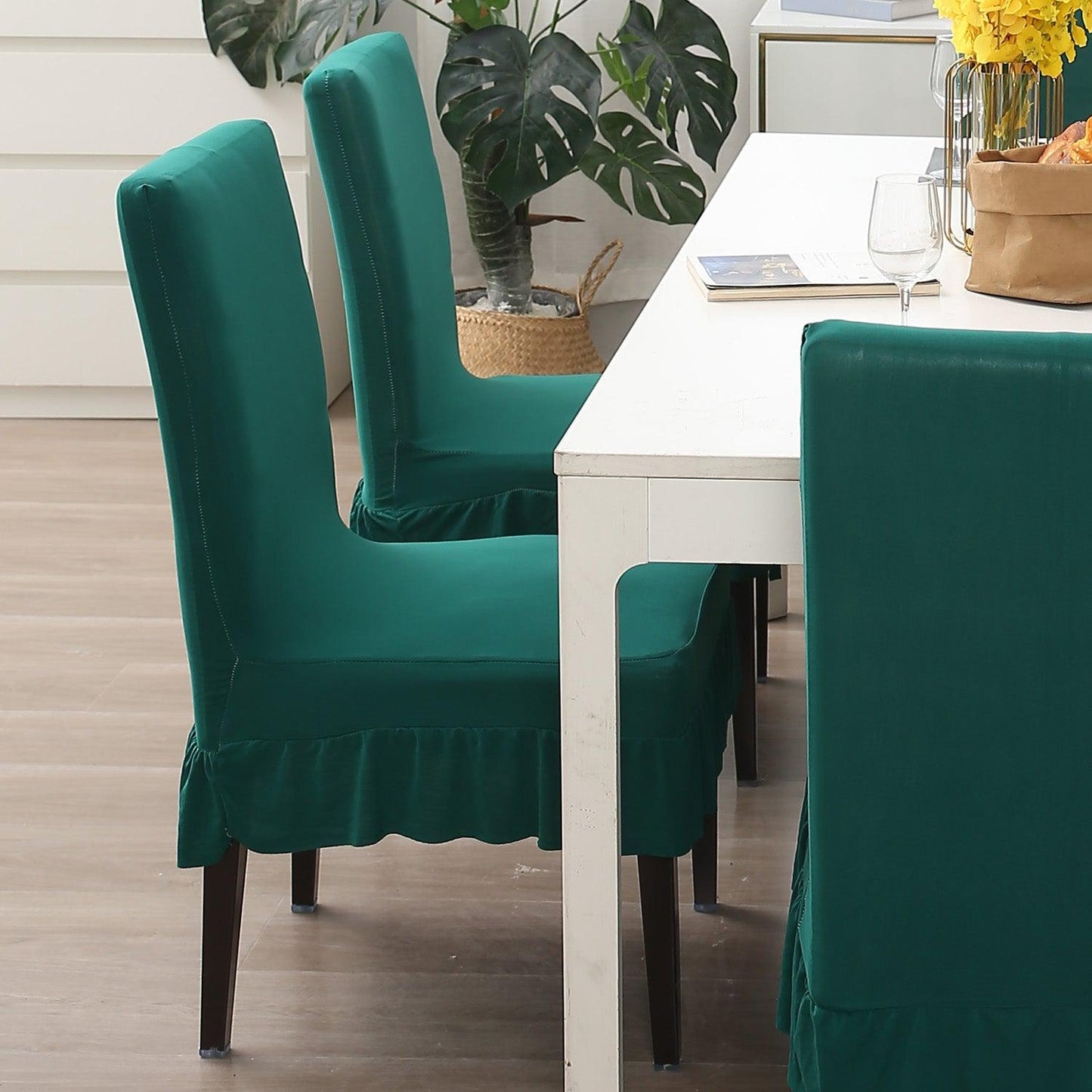 Elastic Stretchable Dining Chair Cover with Frill, Teal - HOKIPO | Har Ghar ka Humsafar