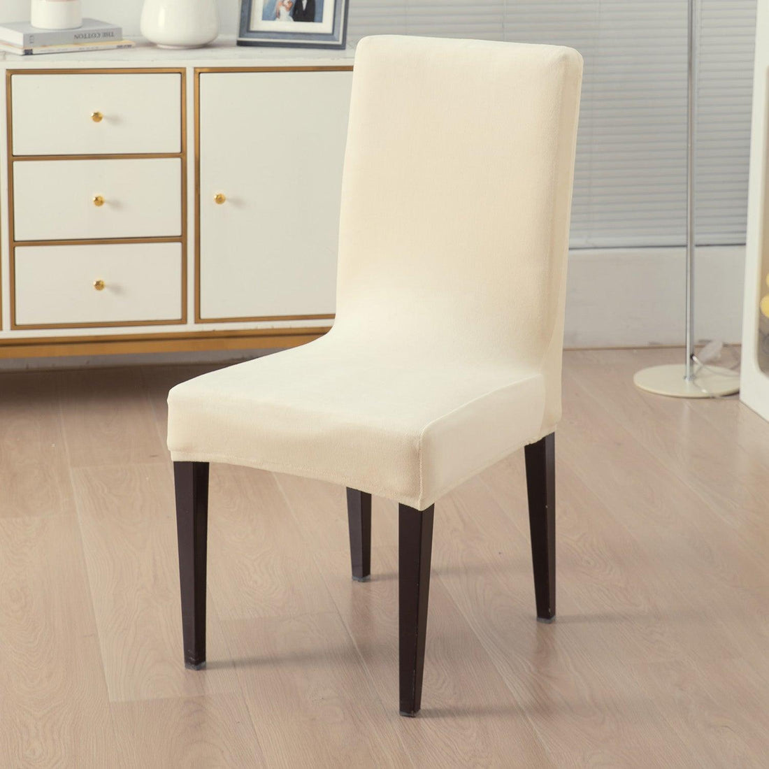 Elastic Stretchable Premium Velvet Dining Chair Cover, Beige - HOKIPO | Har Ghar ka Humsafar