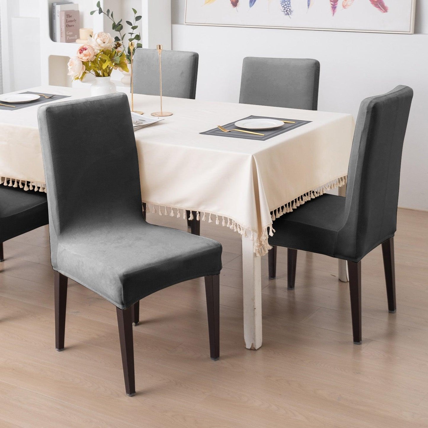 Elastic Stretchable Premium Velvet Dining Chair Cover, Dark Grey - HOKIPO | Har Ghar ka Humsafar