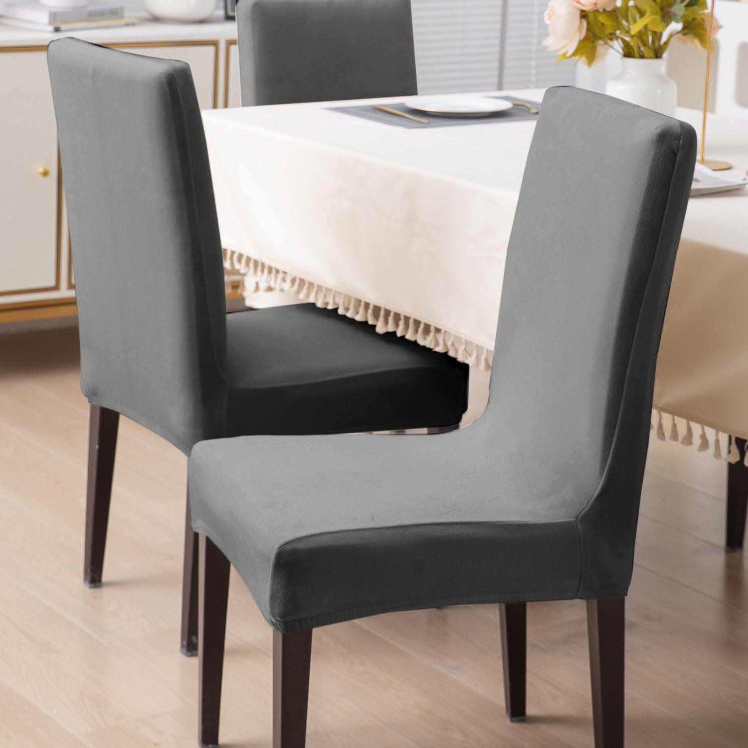 Elastic Stretchable Premium Velvet Dining Chair Cover, Dark Grey - HOKIPO | Har Ghar ka Humsafar