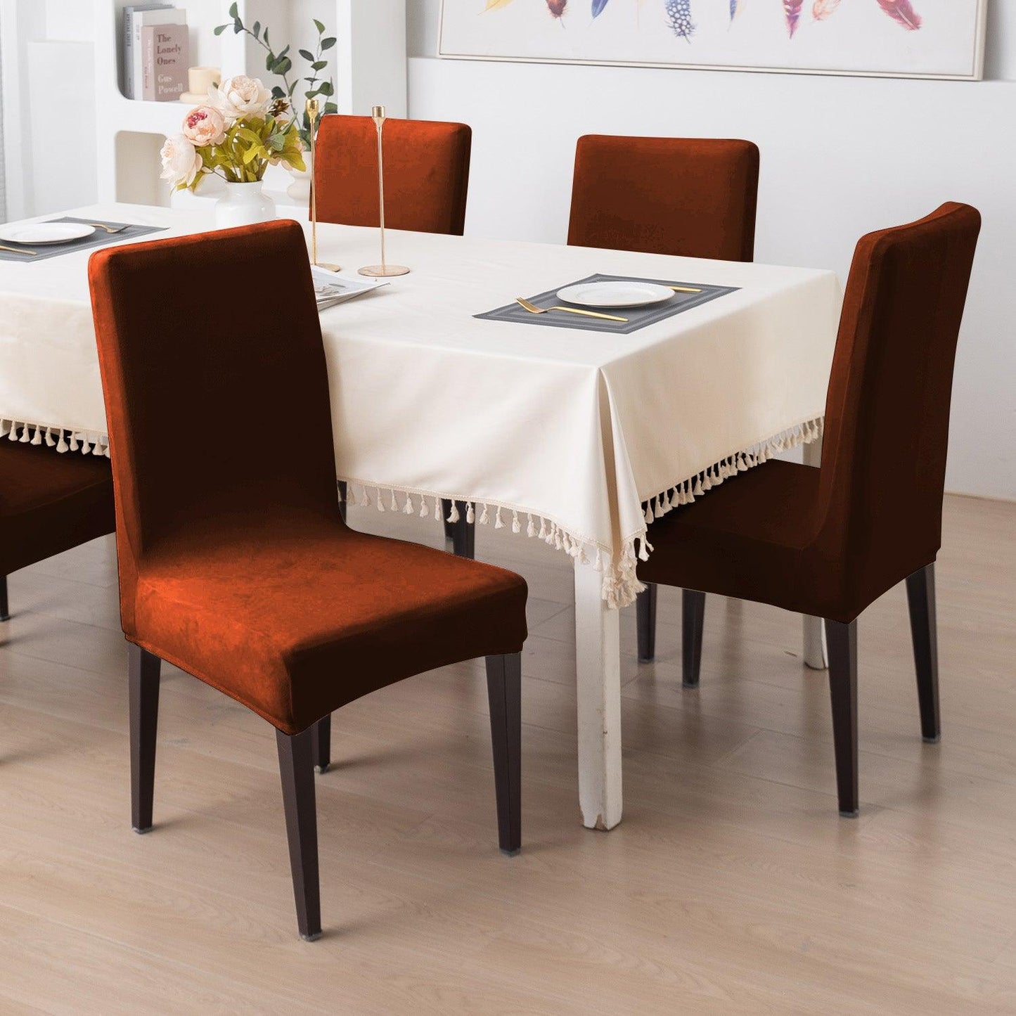 Elastic Stretchable Premium Velvet Dining Chair Cover, Rustic Brown - HOKIPO | Har Ghar ka Humsafar