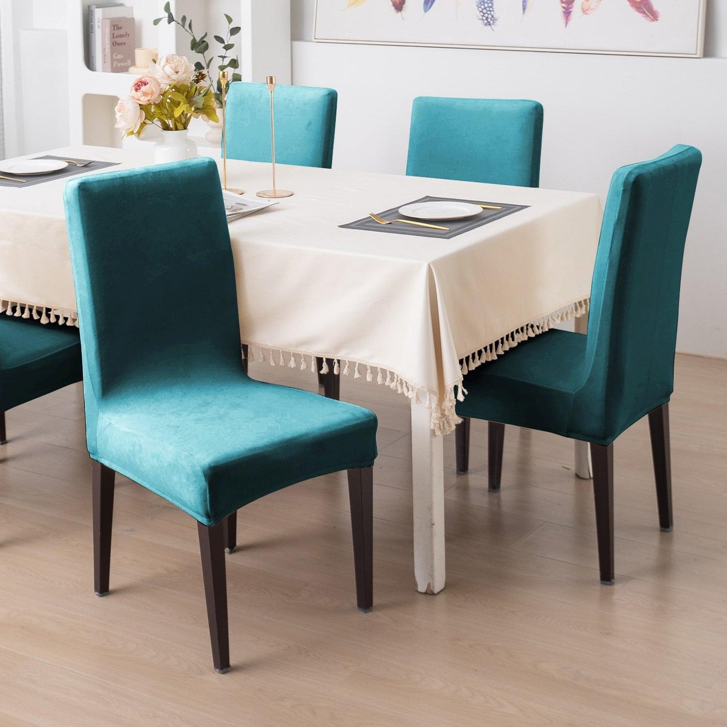 Elastic Stretchable Premium Velvet Dining Chair Cover, Turquoise - HOKIPO | Har Ghar ka Humsafar