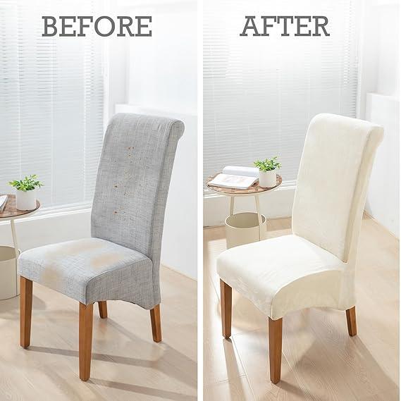 Buy Beige colour velvet high-back chair cover fitted on wooden chair | HOKIPO