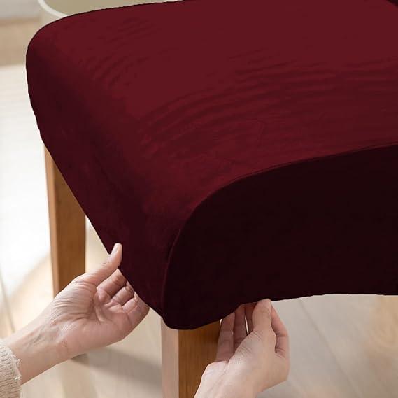 Buy Burgundy colour velvet high-back chair cover fitted on wooden chair | HOKIPO