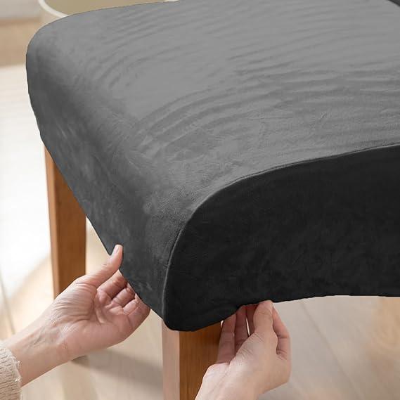 Buy Dark Grey colour velvet high-back chair cover fitted on wooden chair | HOKIPO