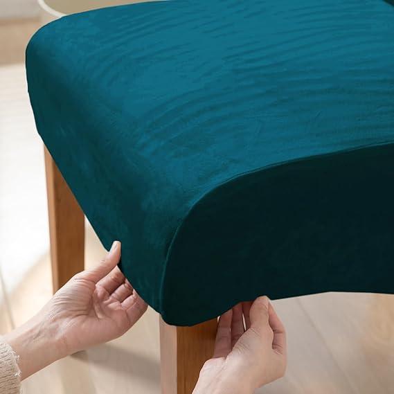 Buy Peacock Blue colour velvet high-back chair cover fitted on wooden chair | HOKIPO
