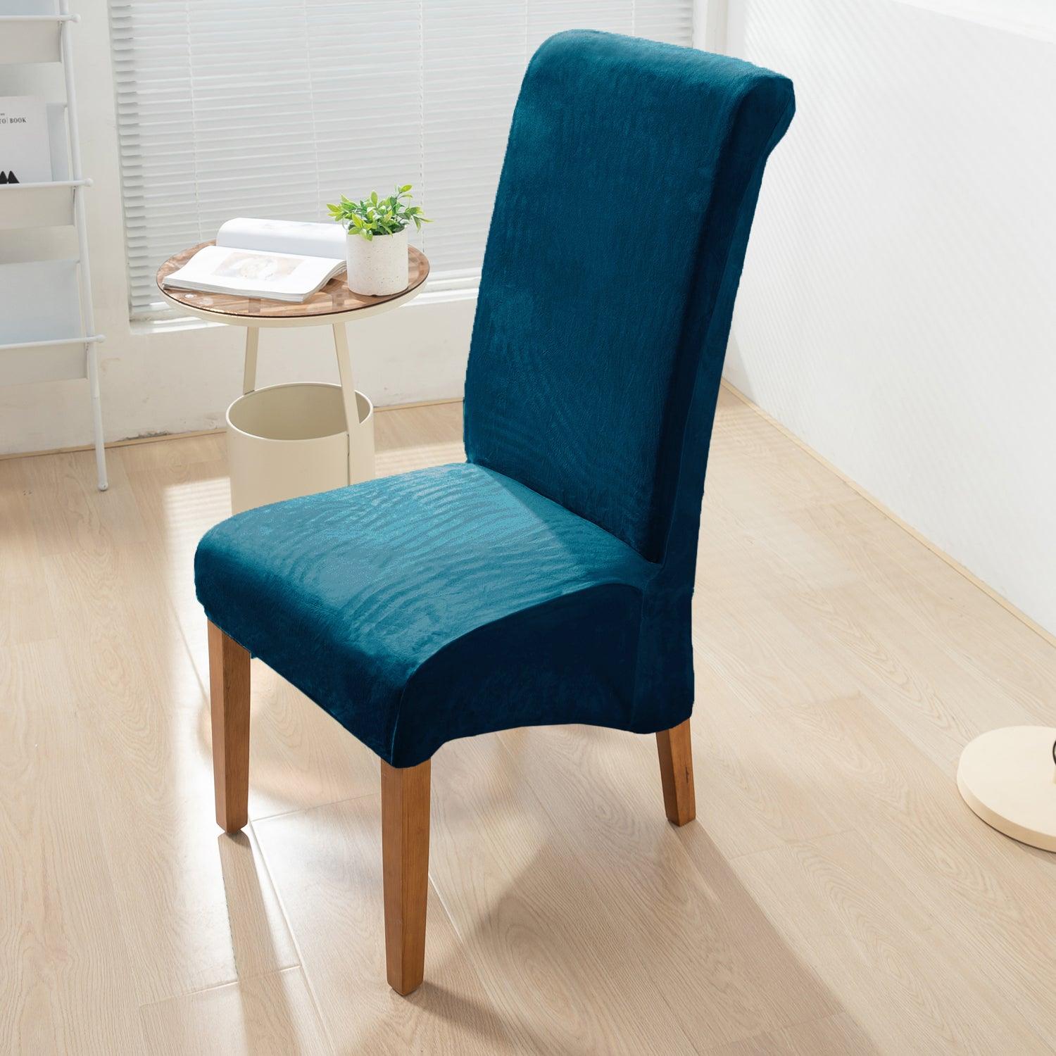 Elastic Stretchable Premium Velvet Long Back Dining Chair Cover, Peacock Blue - HOKIPO | Har Ghar ka Humsafar