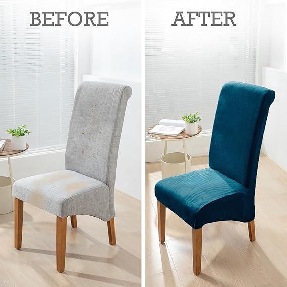 Elastic Stretchable Premium Velvet Long Back Dining Chair Cover, Peacock Blue - HOKIPO | Har Ghar ka Humsafar