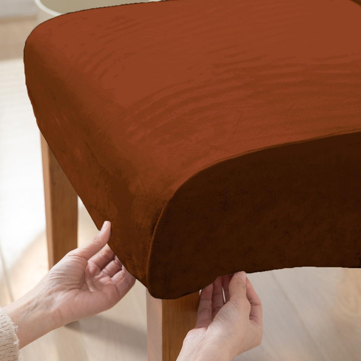 Buy Rustic Brown colour velvet high-back chair cover fitted on wooden chair | HOKIPO