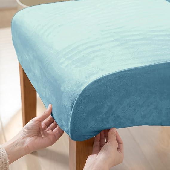 Buy Sky Blue colour velvet high-back chair cover fitted on wooden chair | HOKIPO