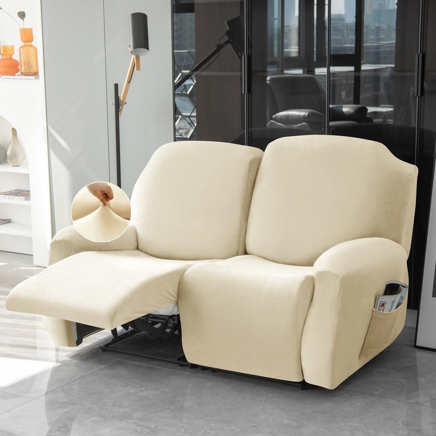 Elastic Stretchable Premium Velvet Recliner Cover, Beige - HOKIPO | Har Ghar ka Humsafar