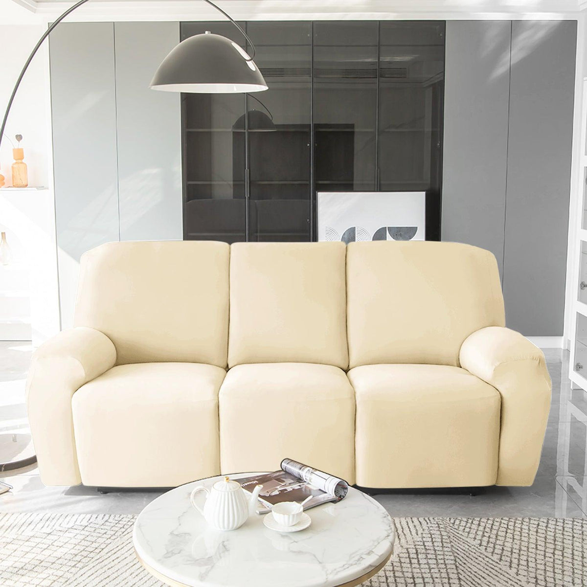 Stylish three seater Beige Colour elastic stretchable velvet recliner covers