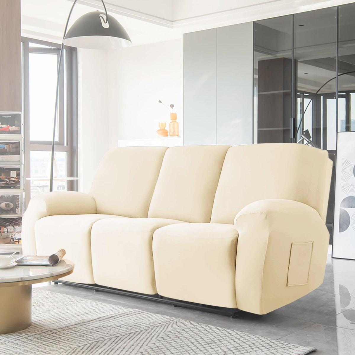 Beige Colour elastic stretchable fully covered stylish velvet 3 seater recliner sofa covers
