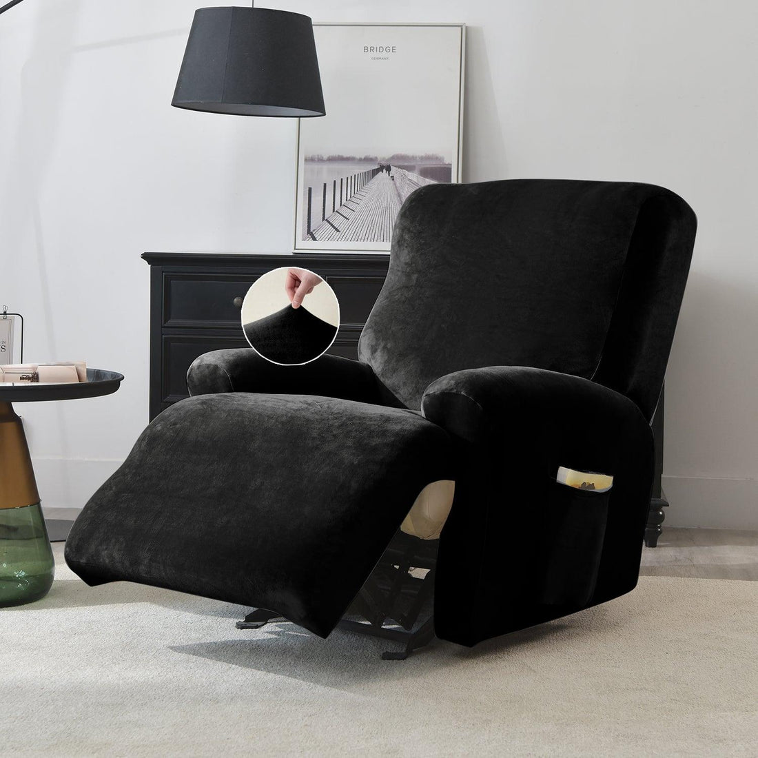 Premium Black Colour stylish elastic stretchable velvet recliner chair cover
