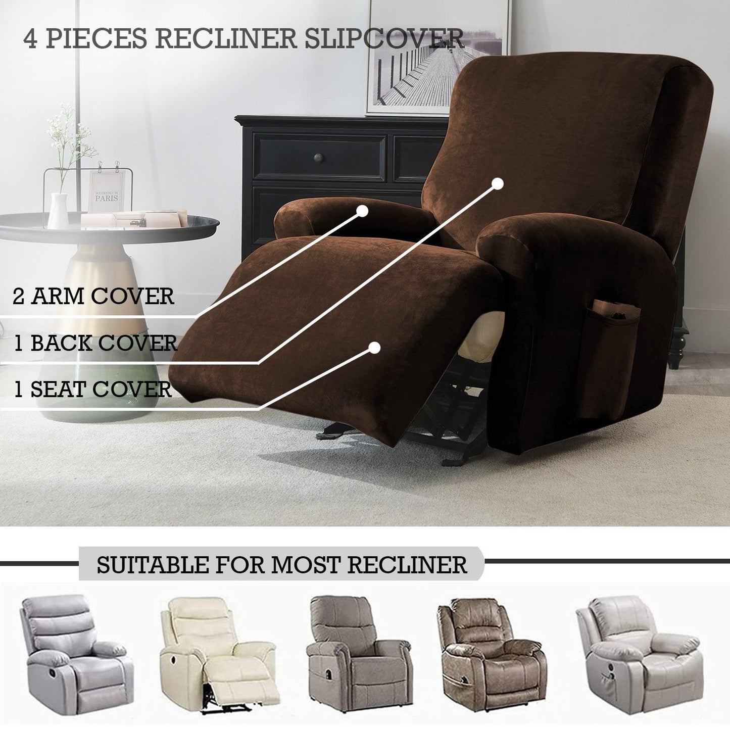 Elastic Stretchable Premium Velvet Recliner Cover, Brown - HOKIPO | Har Ghar ka Humsafar