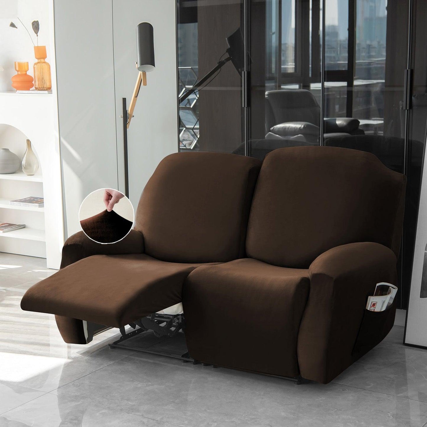 Elastic Stretchable Premium Velvet Recliner Cover, Brown - HOKIPO | Har Ghar ka Humsafar