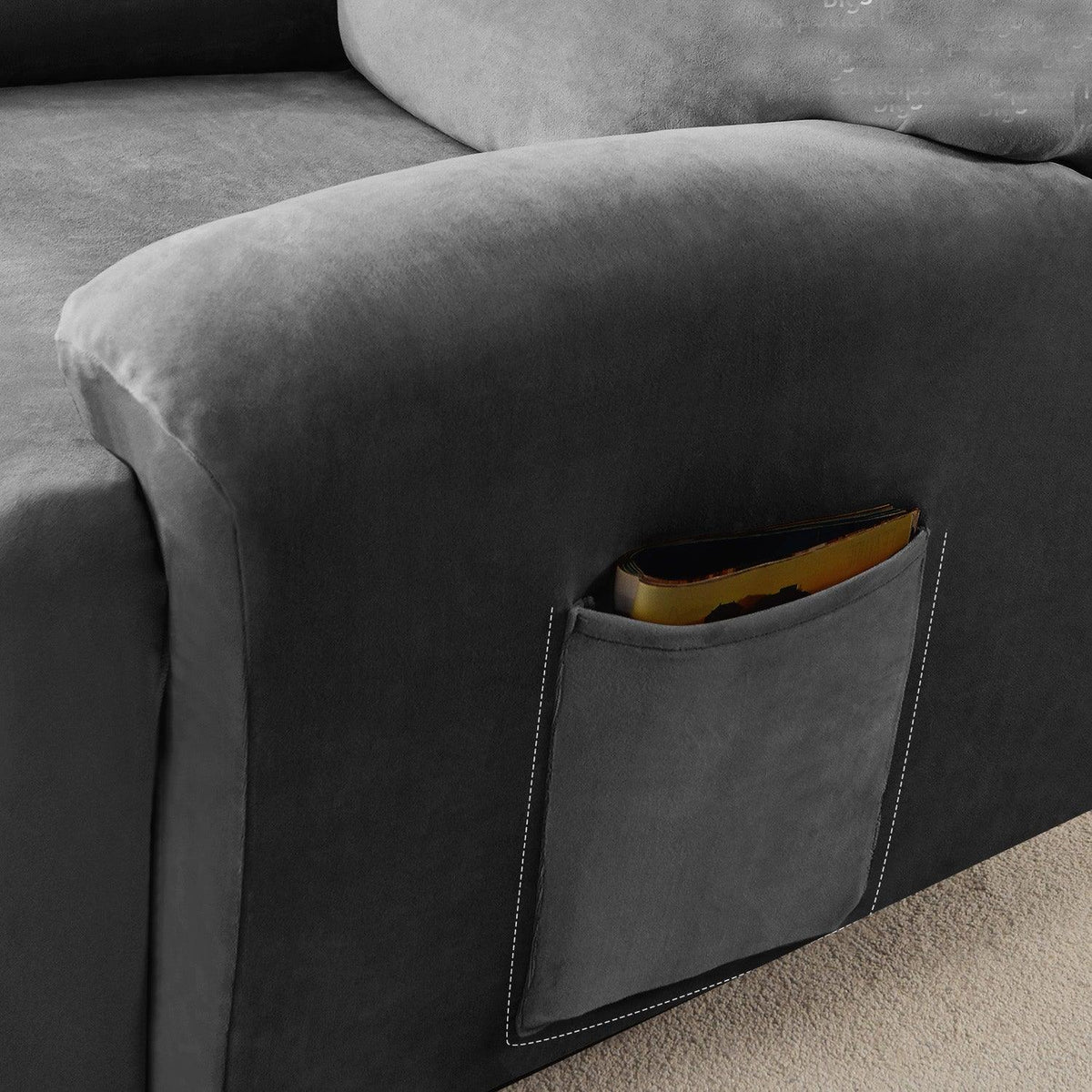Buy Best Dark Grey Colour 1, 2, 3 seater elastic velvet recliner sofa cover with pockets
