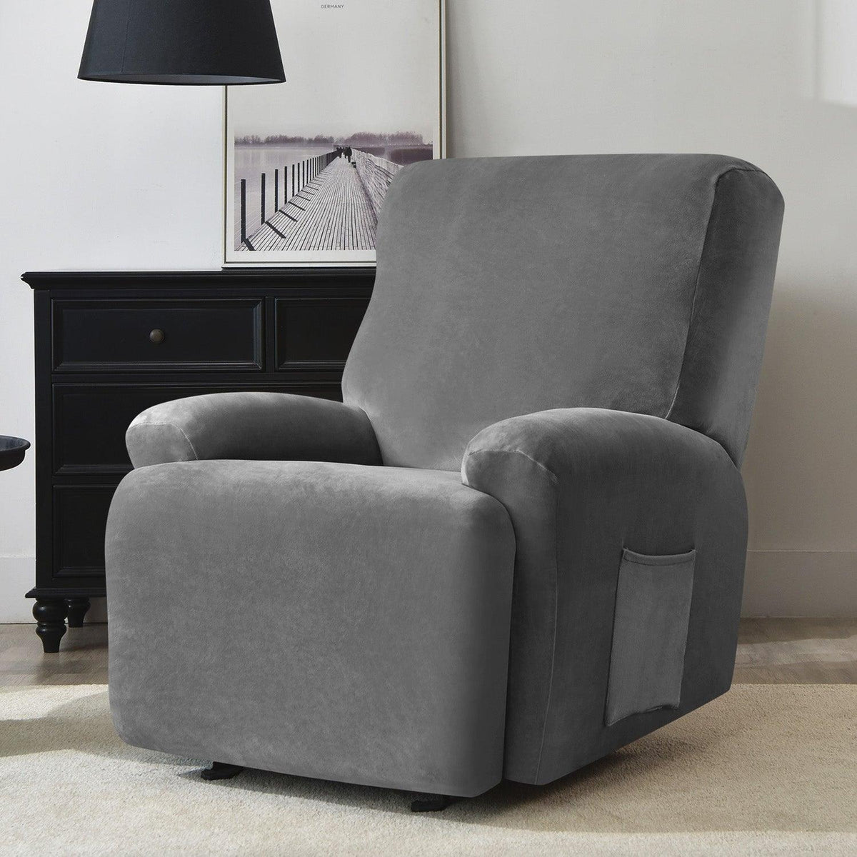 buy Dark Grey Colour elegant elastic stretchable fully covered velvet recliner sofa cover 1 seater

