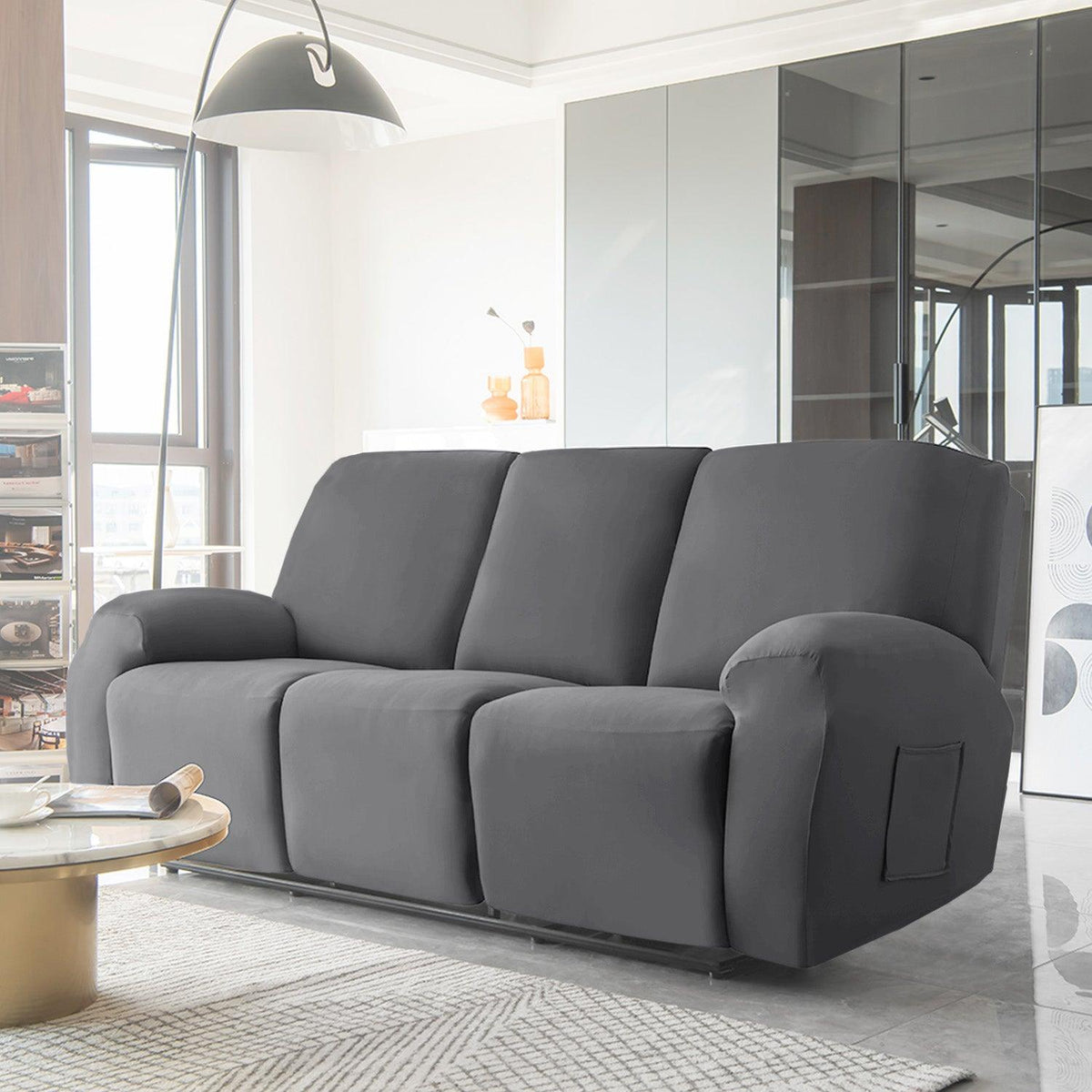 Buy Dark Grey Colour elastic stretchable fully covered stylish velvet 3 seater recliner sofa covers
