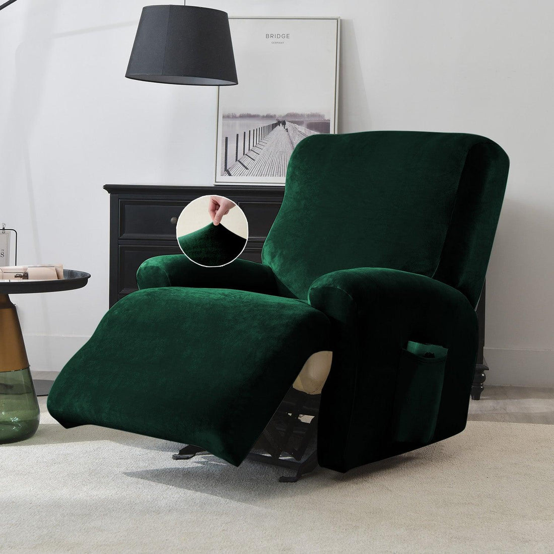 Hunter Green Colour stylish elastic stretchable velvet recliner chair cover
