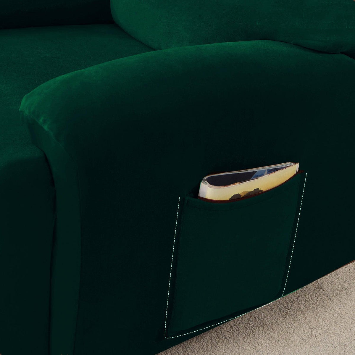 Best Hunter Green Colour 1, 2, 3 seater elastic velvet recliner sofa cover with pockets
