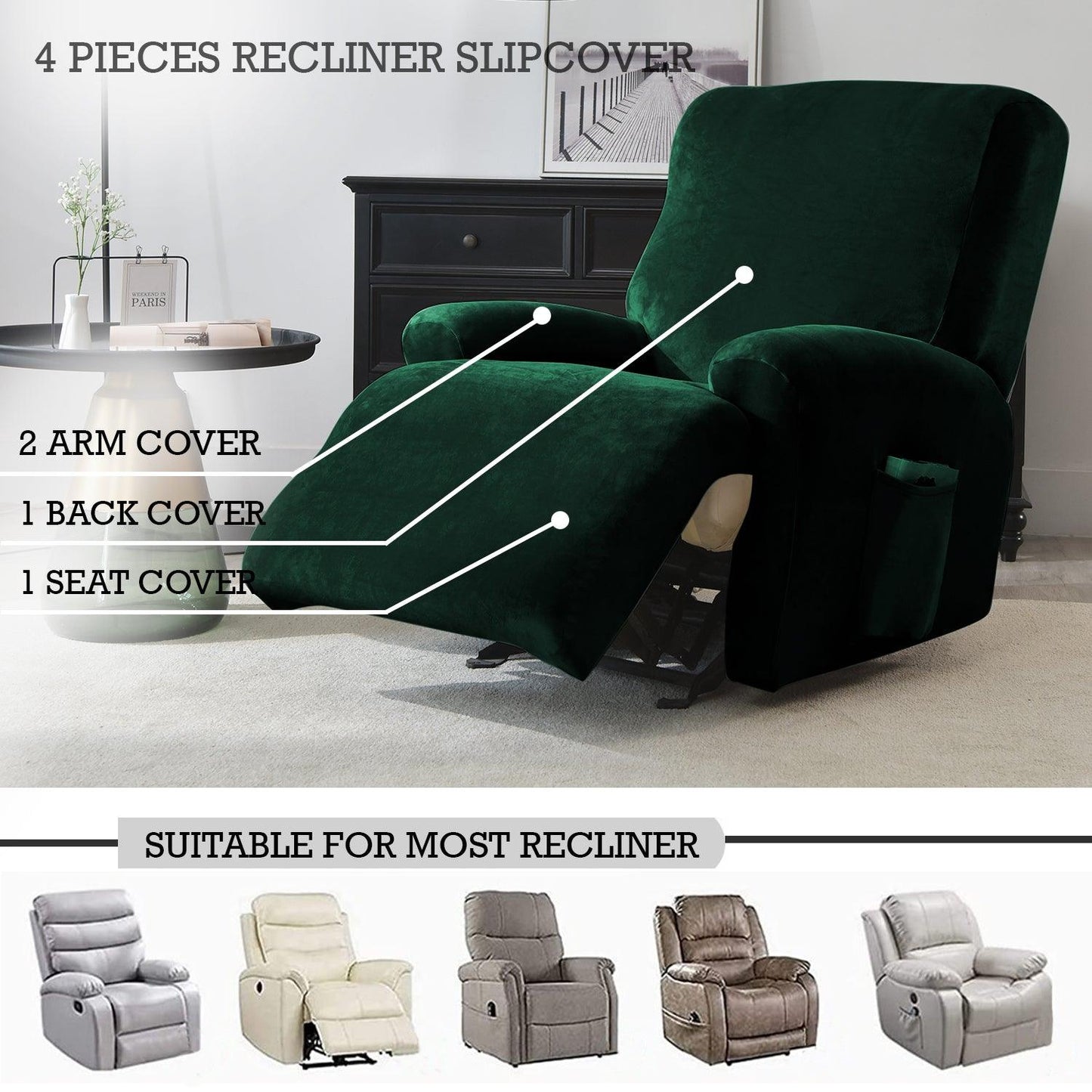 Elastic Stretchable Premium Velvet Recliner Cover, Hunter Green - HOKIPO | Har Ghar ka Humsafar