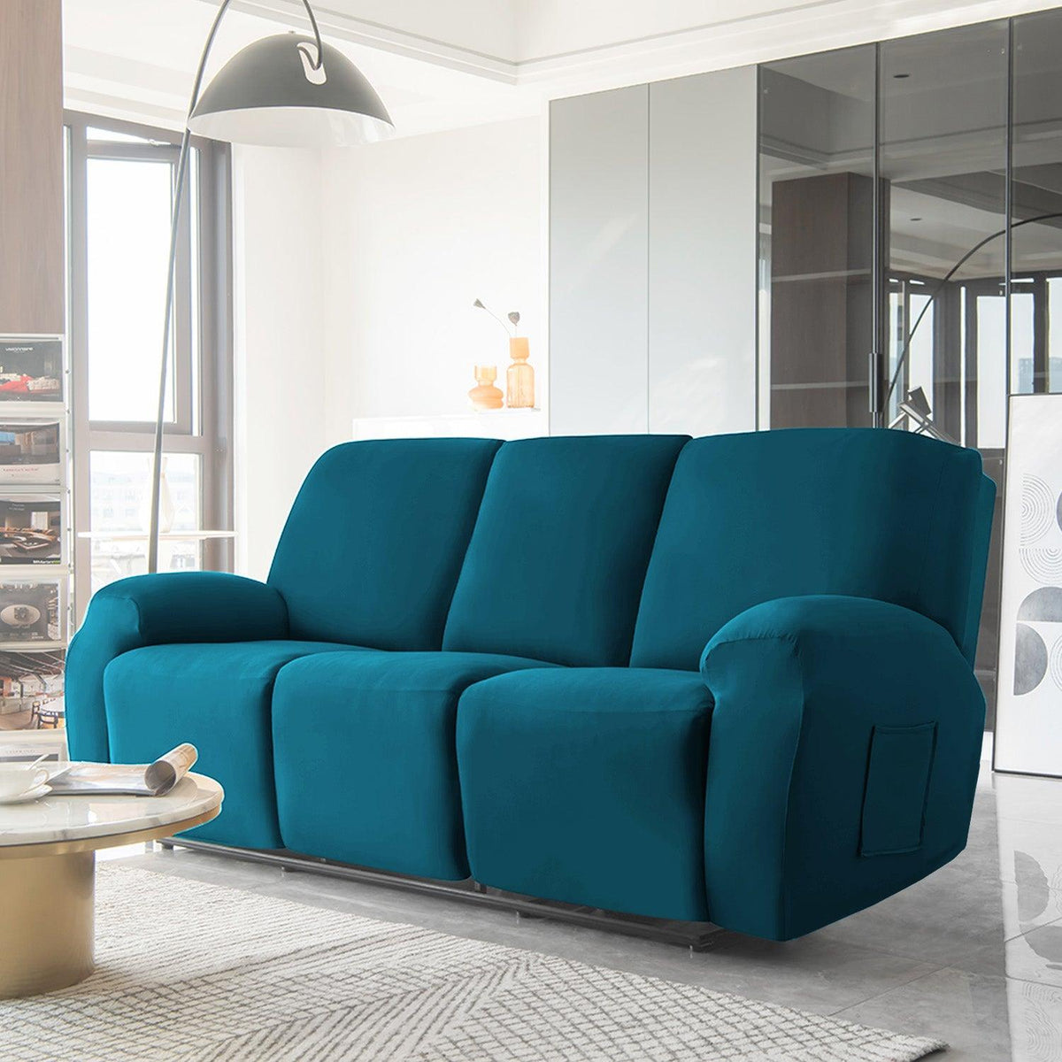 Peacock Blue Colour elastic stretchable fully covered stylish velvet 3 seater recliner sofa covers
