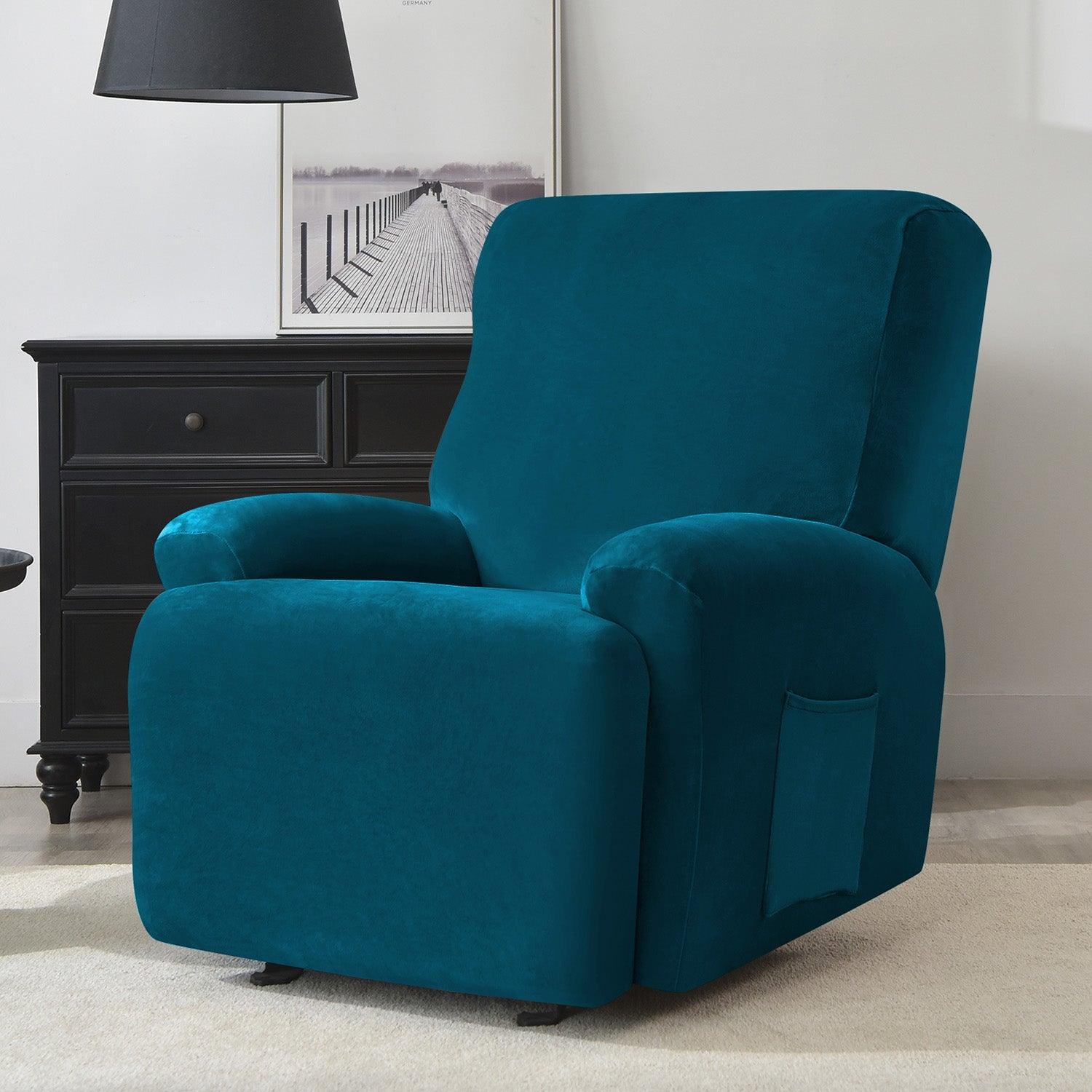 Elastic Stretchable Premium Velvet Recliner Cover, Peacock Blue - HOKIPO | Har Ghar ka Humsafar