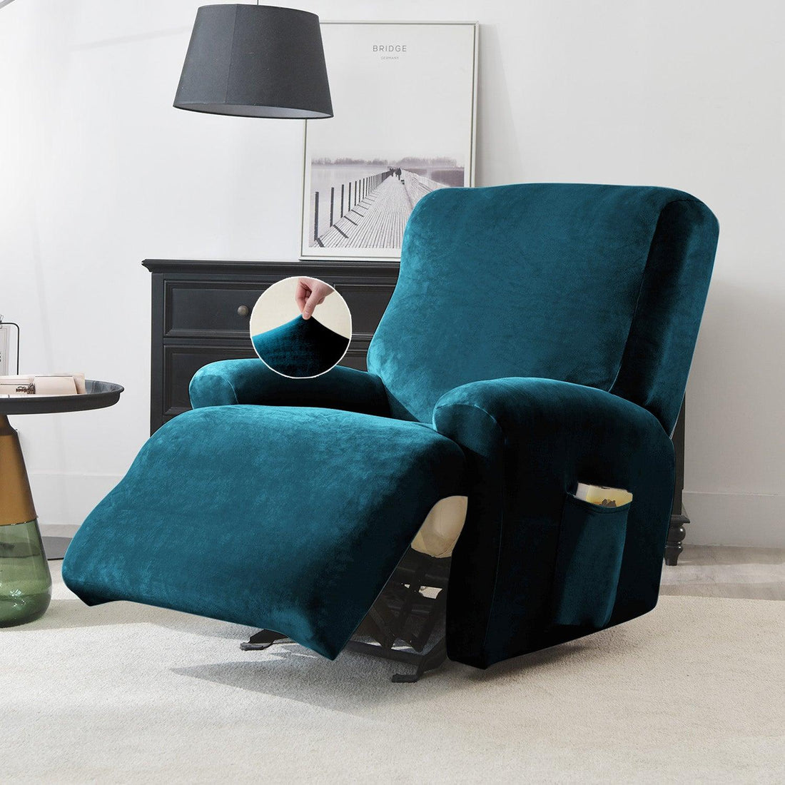 Premium Peacock Blue Colour stylish elastic stretchable velvet recliner chair cover
