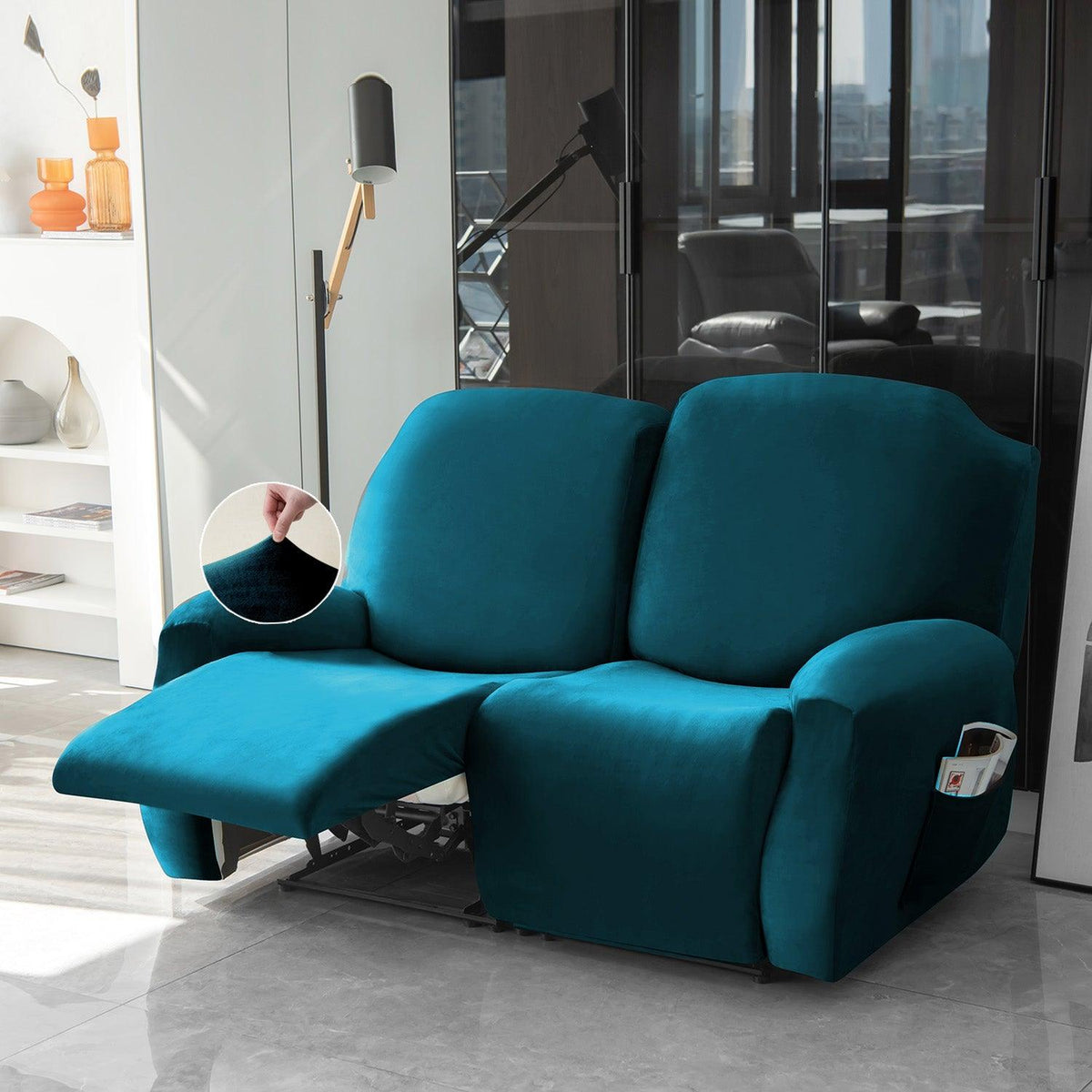 Buy 2 seater Peacock Blue Colour elastic stretchable velvet recliner sofa covers
