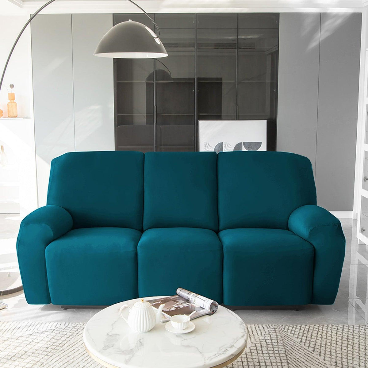 Stylish three seater Peacock Blue Colour elastic stretchable velvet recliner covers
