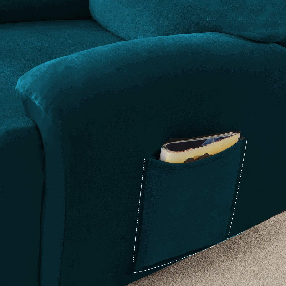 Best Peacock Blue Colour 1, 2, 3 seater elastic velvet recliner sofa cover with pockets
