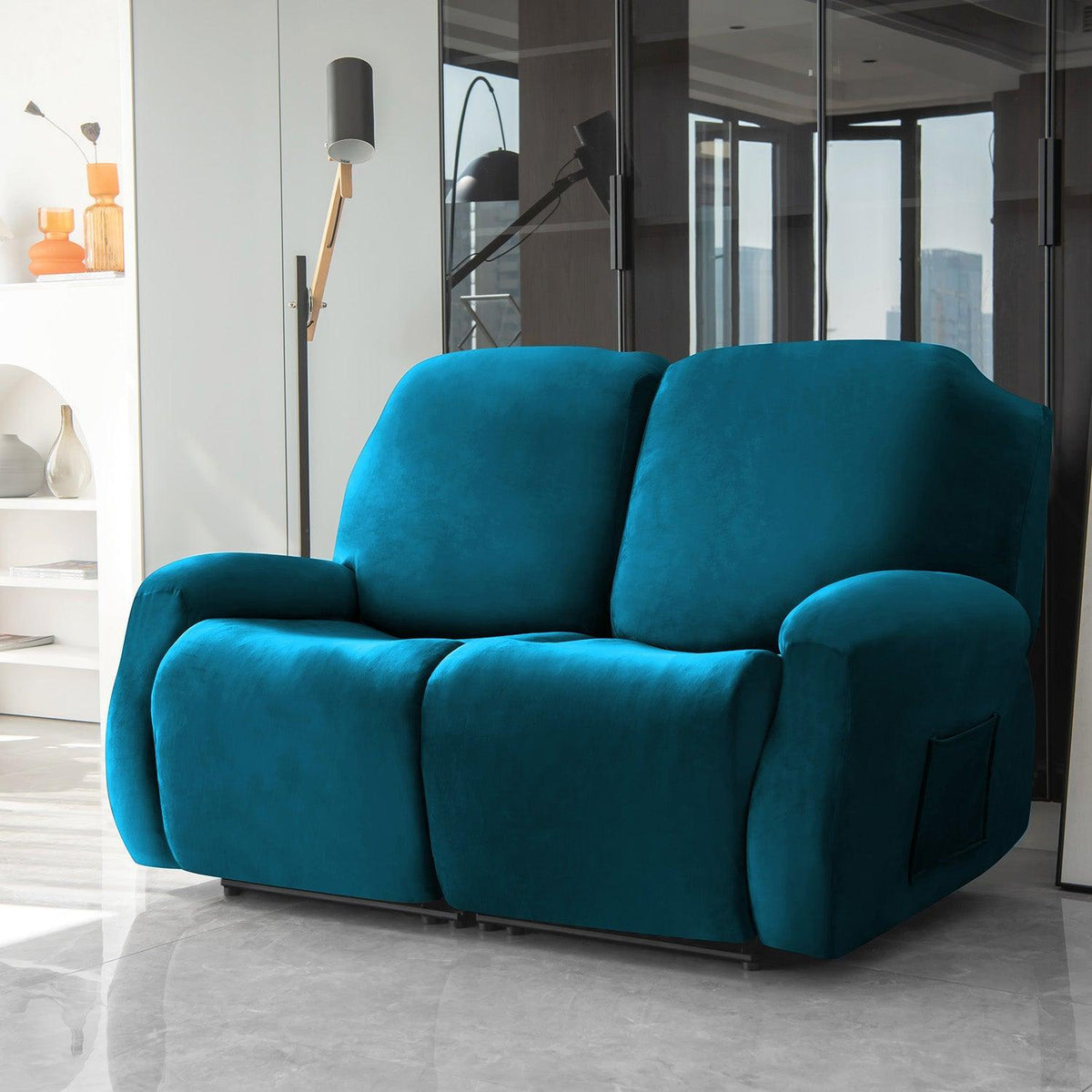 Stylish two seater Peacock Blue Colour elastic stretchable velvet recliner covers

