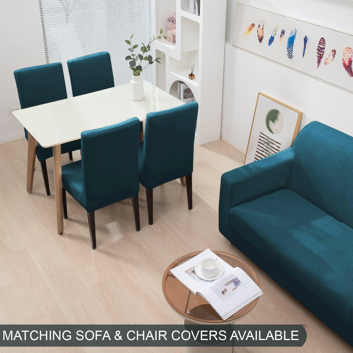 Peacock Blue Colour matching velvet elastic covers for sofa and chair
