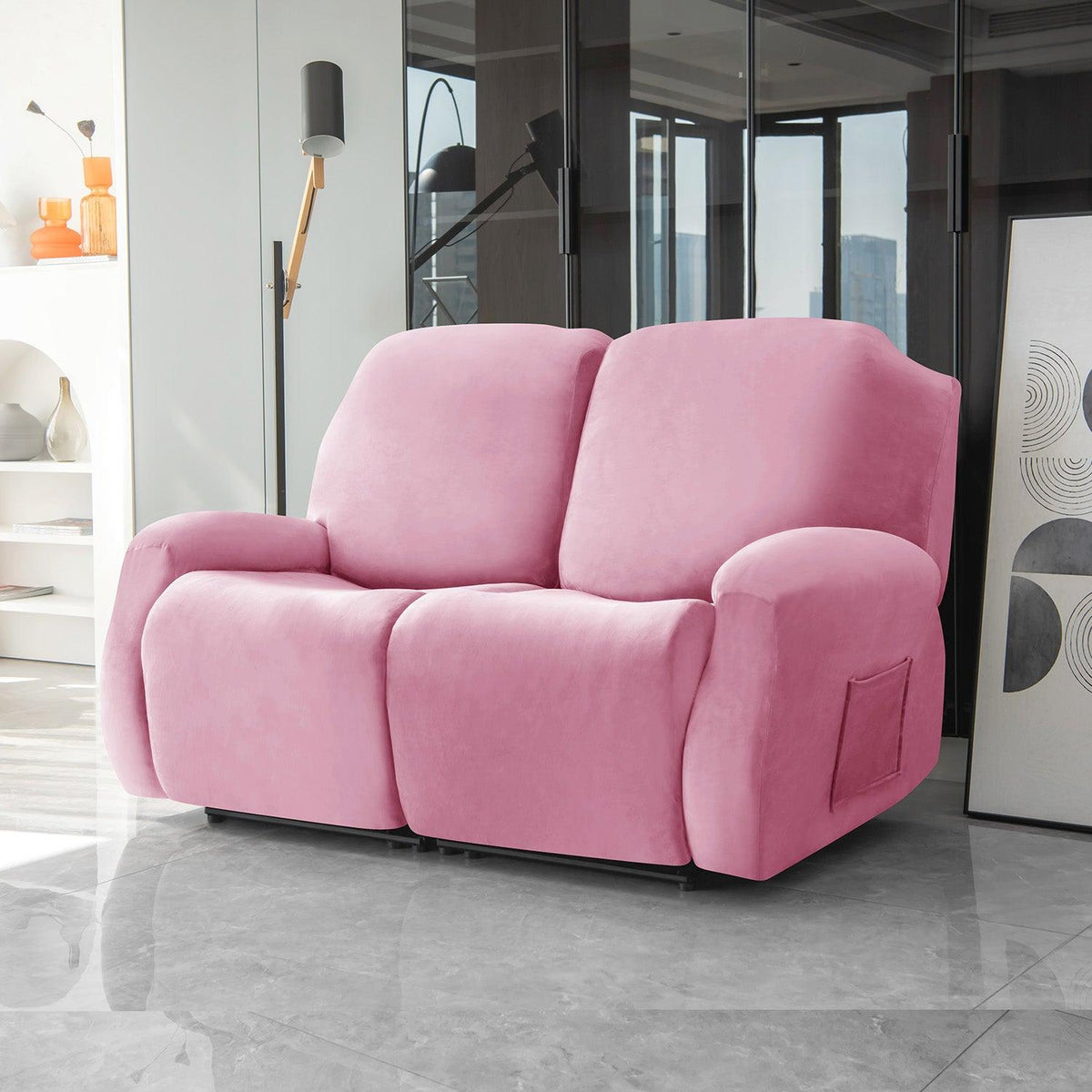 Stylish two seater Pink Colour elastic stretchable velvet recliner covers
