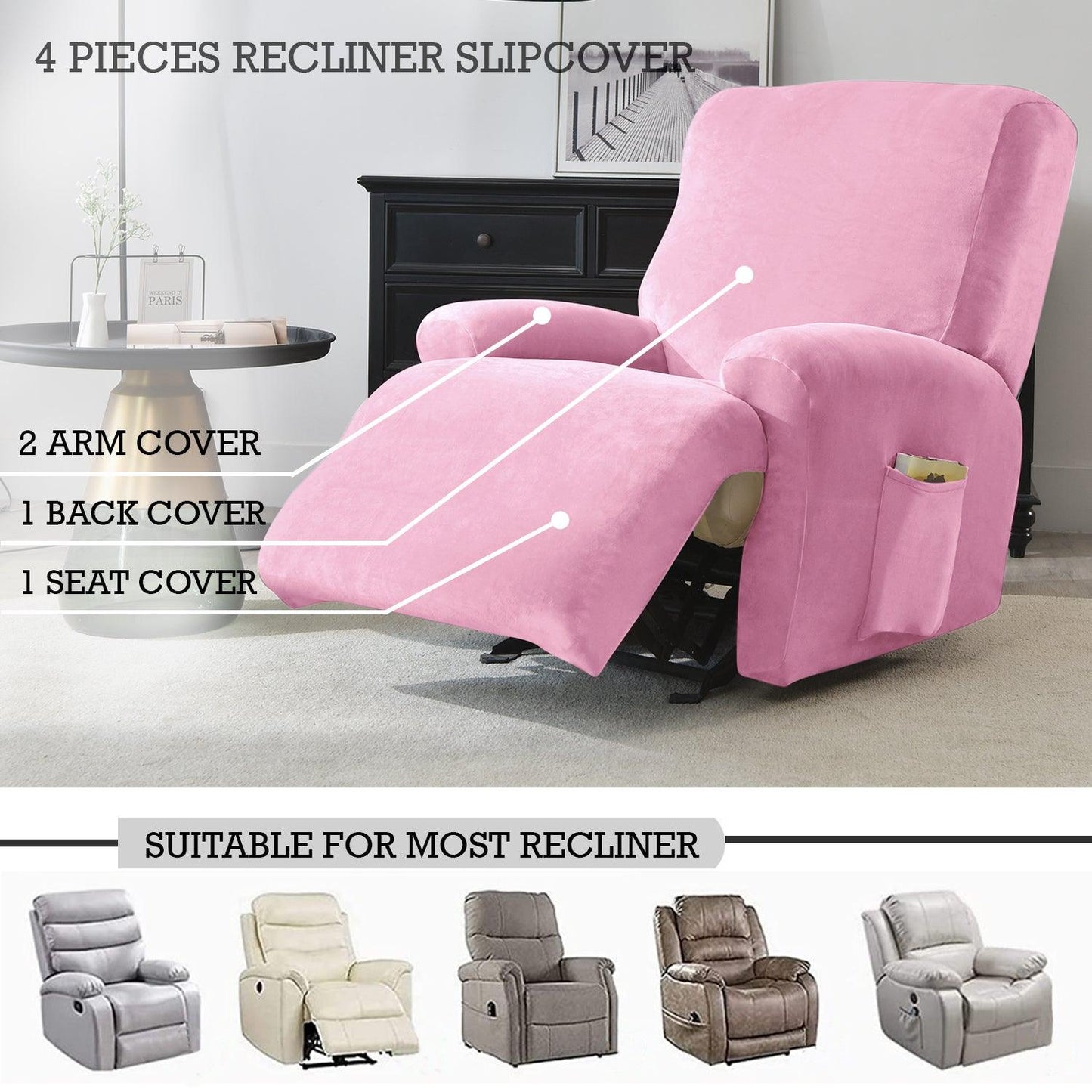 Elastic Stretchable Premium Velvet Recliner Cover, Pink - HOKIPO | Har Ghar ka Humsafar