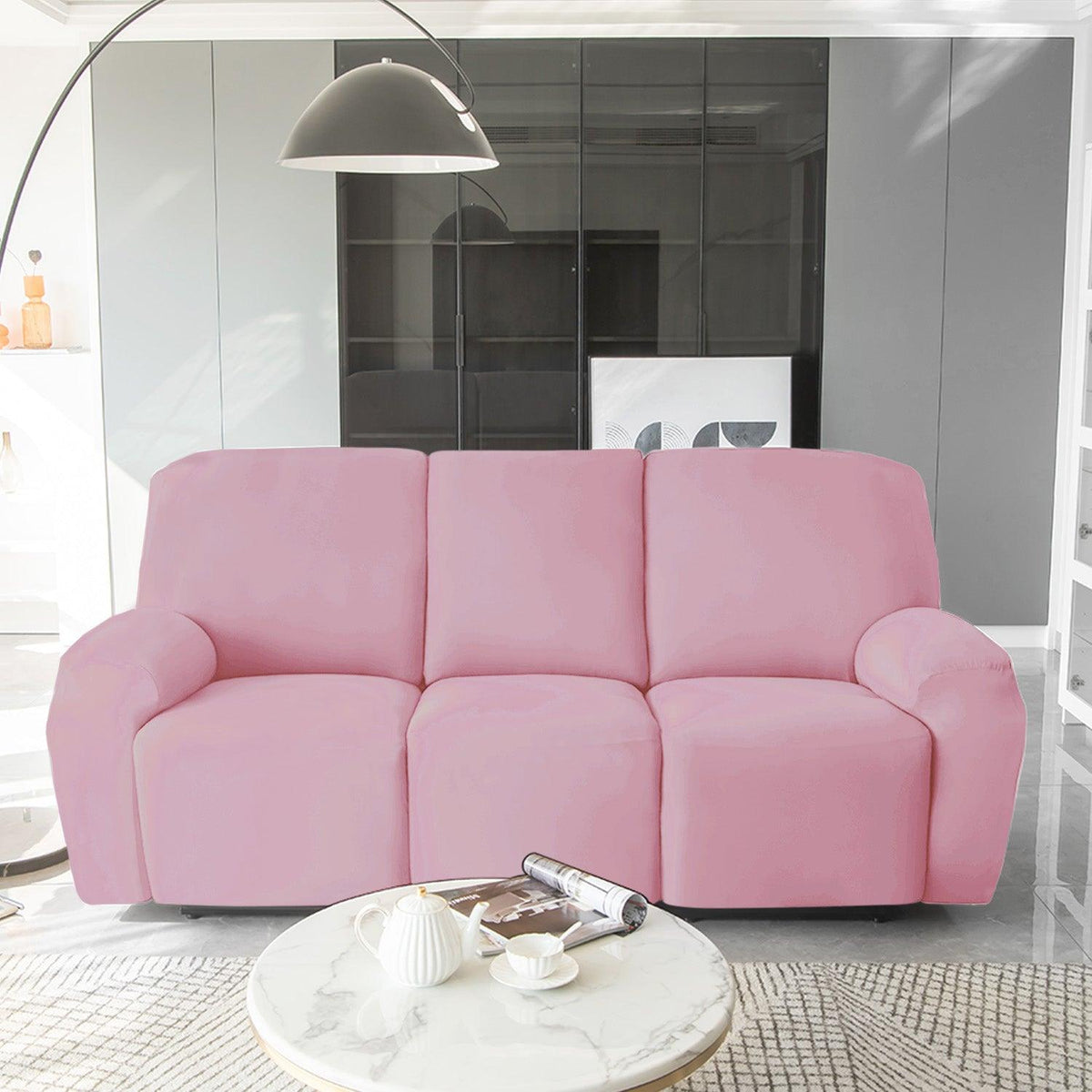 Stylish three seater Pink Colour elastic stretchable velvet recliner covers
