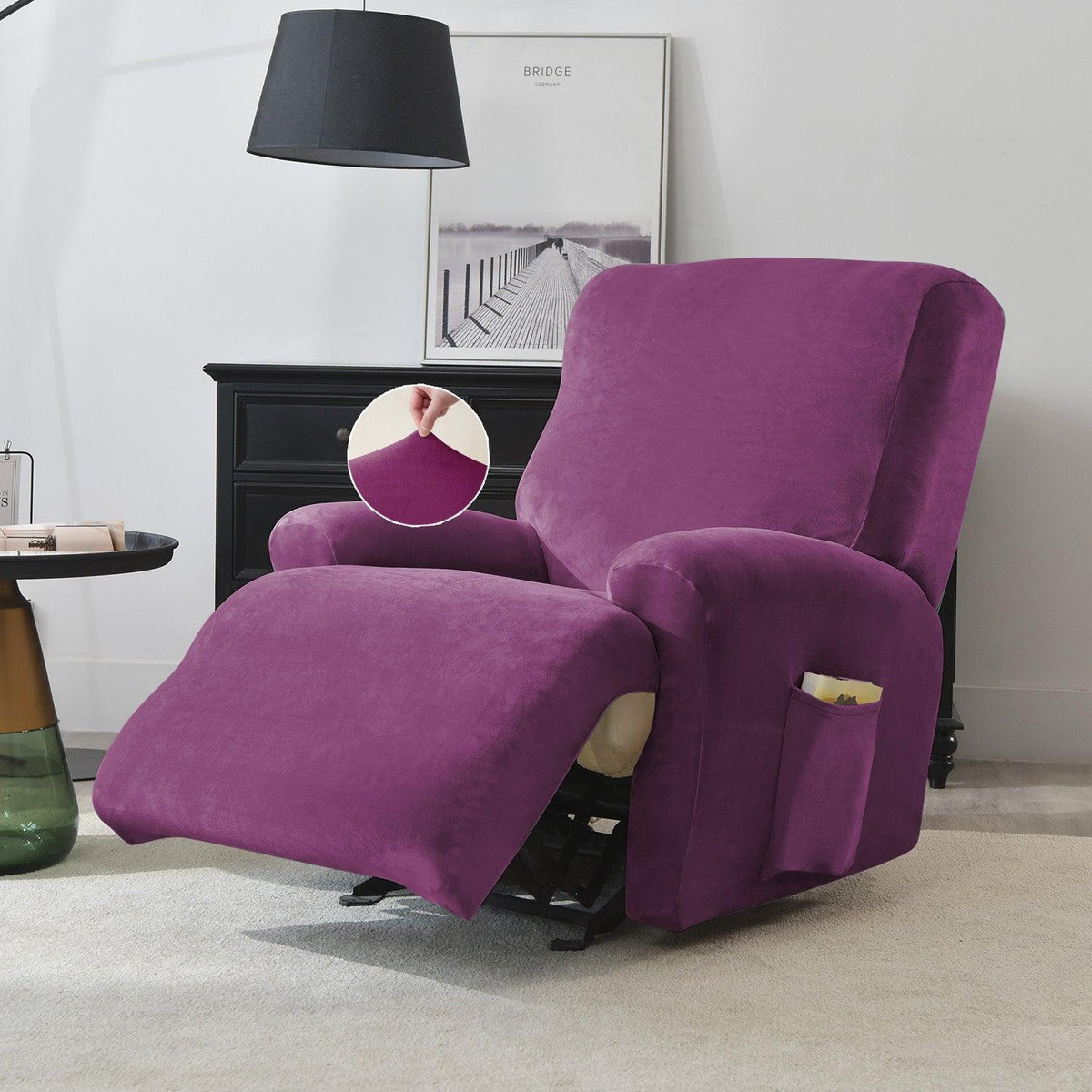 Purple Colour stylish elastic stretchable velvet recliner chair cover
