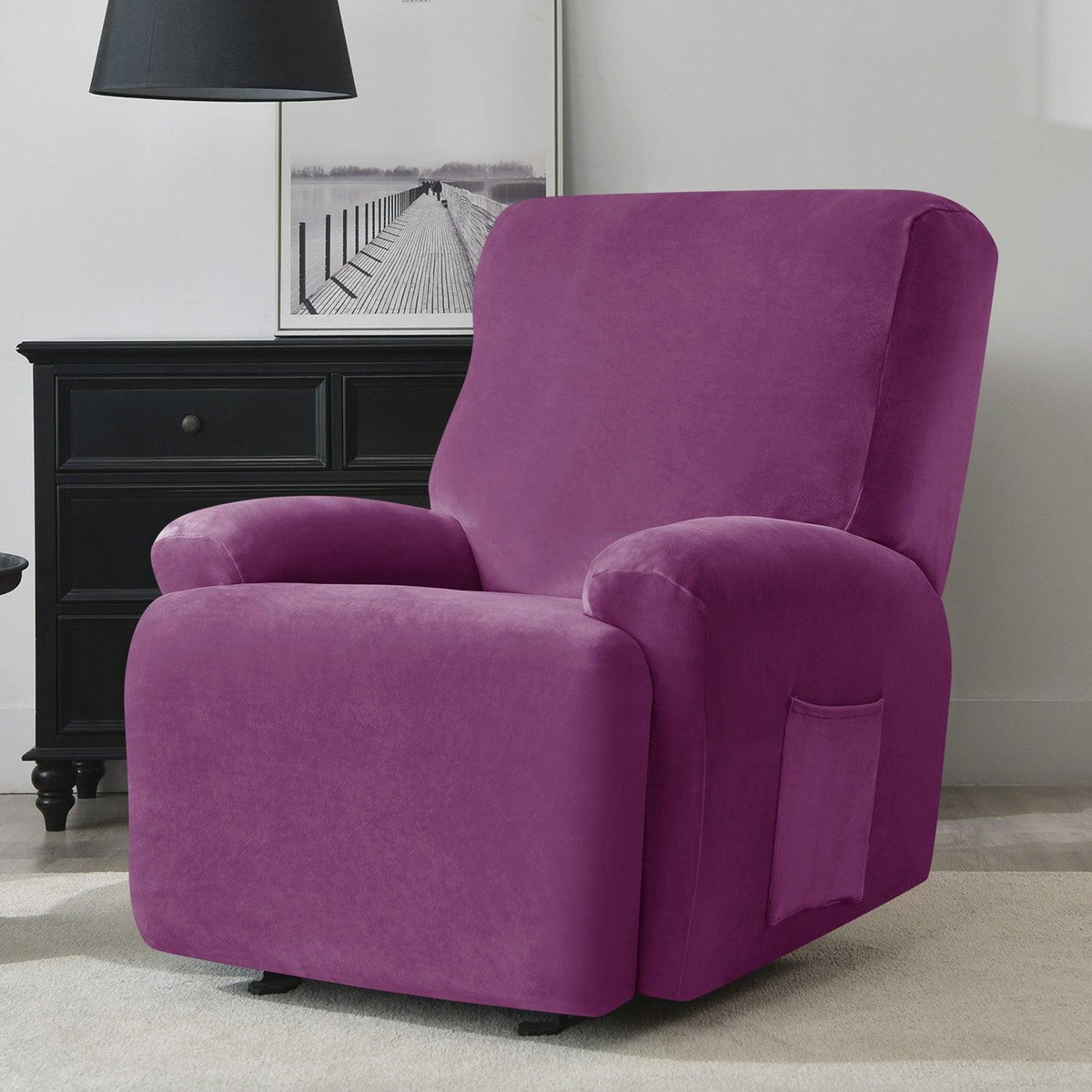 buy Purple Colour elegant elastic stretchable fully covered velvet recliner sofa cover 1 seater
