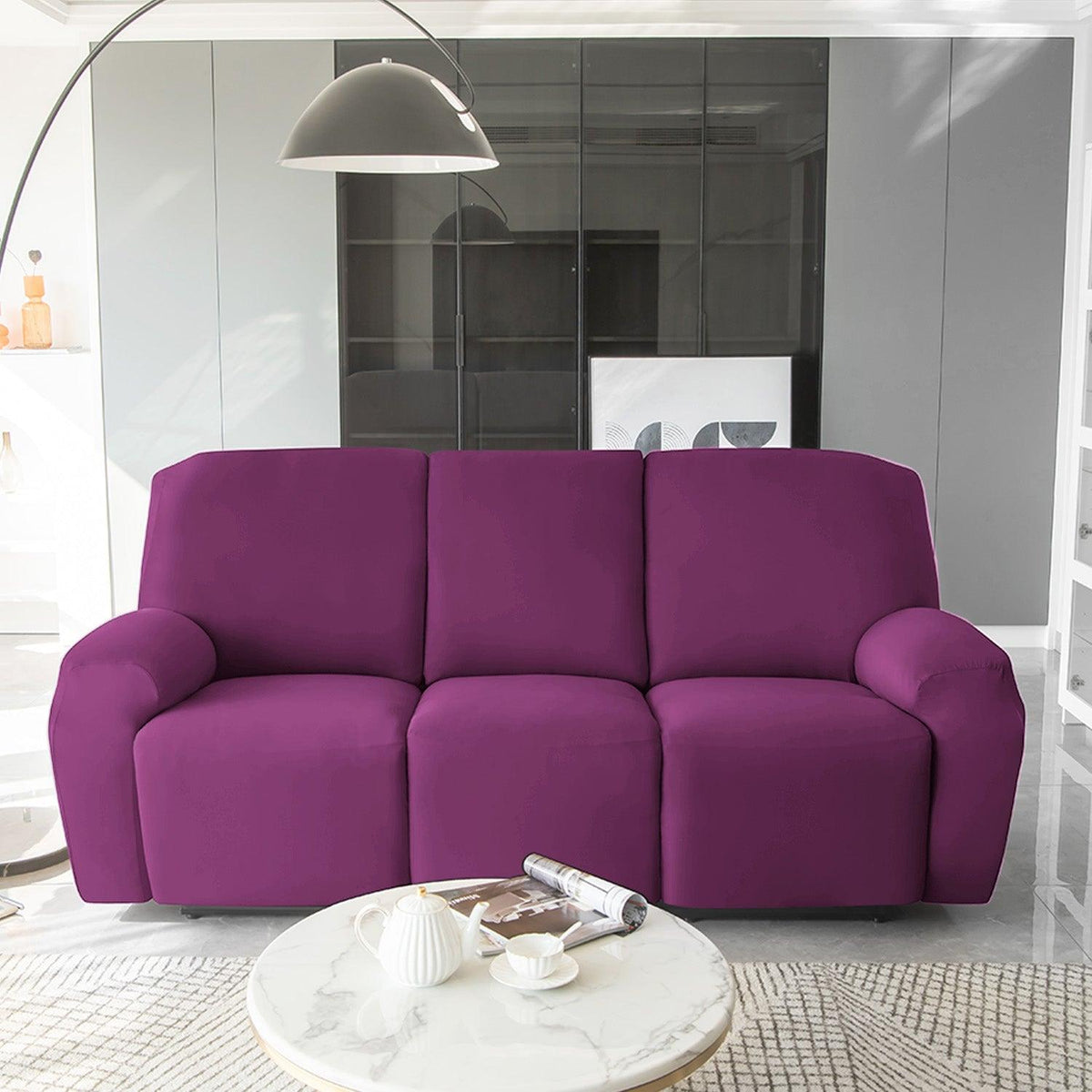 elegant three seater Purple Colour elastic stretchable velvet recliner covers
